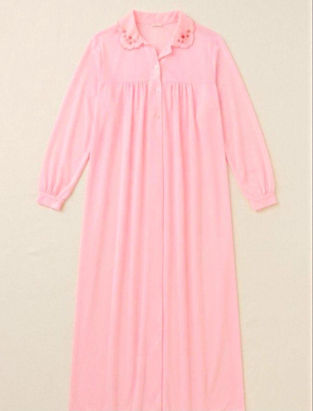 VintageWomens Pink Sheer Nightgown M Long Sleeve Button Front Embroidered Collar
